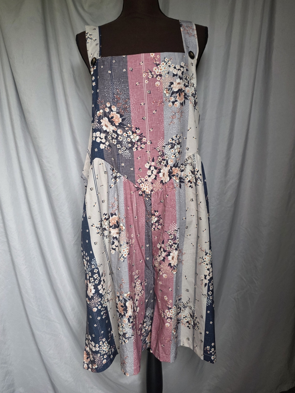 Floral Patchwork Striped Jumpsuit Romper - Blue, Pink, Cream